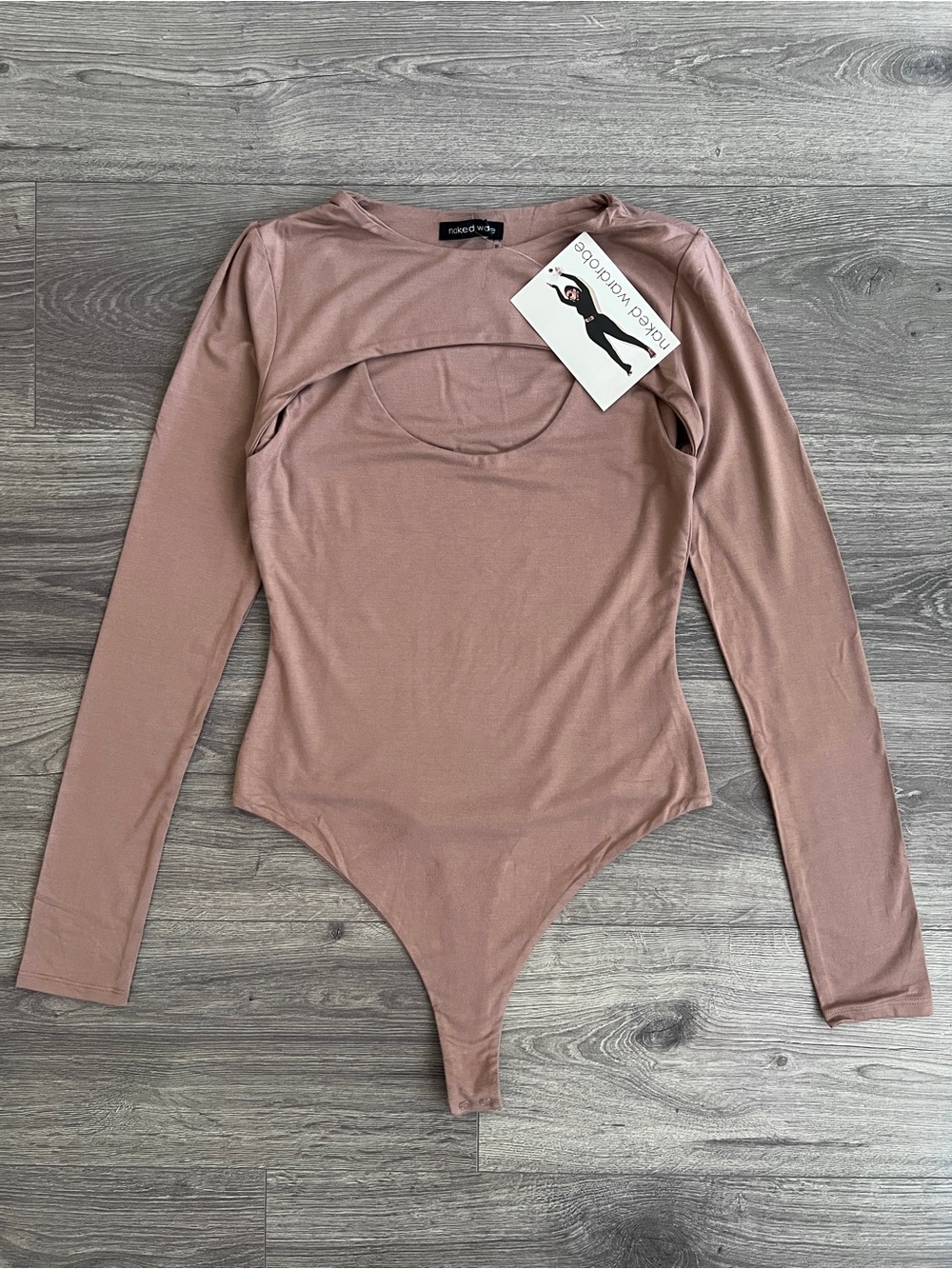 NAKED WARDROBE Double Up Bodysuit Large Tan Long Sleeve Cut Out Layered Party
